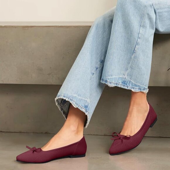 🆕Women Red Knit Pointed Toe Bow Ballet Flats Comfortable Dressy Slip On Shoes - Picture 4 of 6